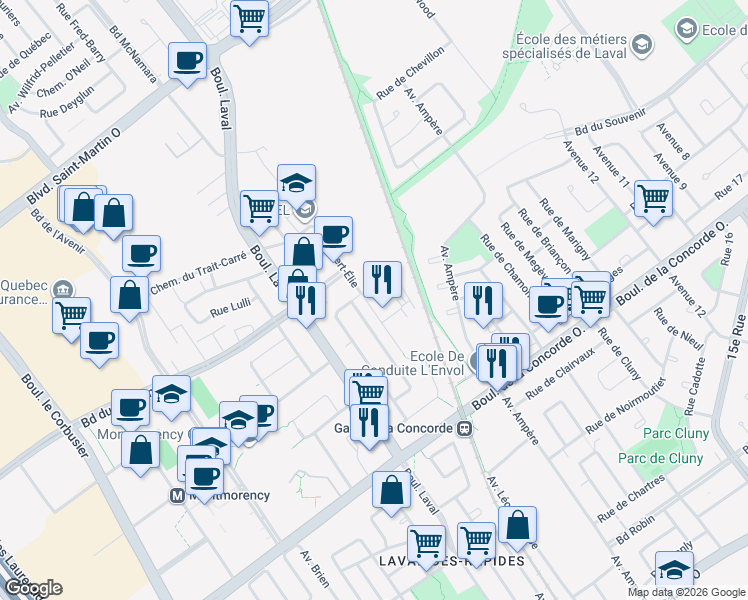 map of restaurants, bars, coffee shops, grocery stores, and more near 627 Rue Robert-Élie in Laval