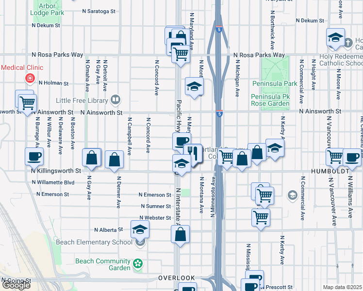 map of restaurants, bars, coffee shops, grocery stores, and more near 5712 North Interstate Avenue in Portland