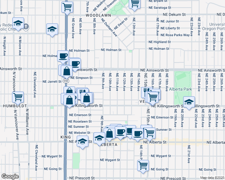 map of restaurants, bars, coffee shops, grocery stores, and more near 5700 Northeast 10th Avenue in Portland