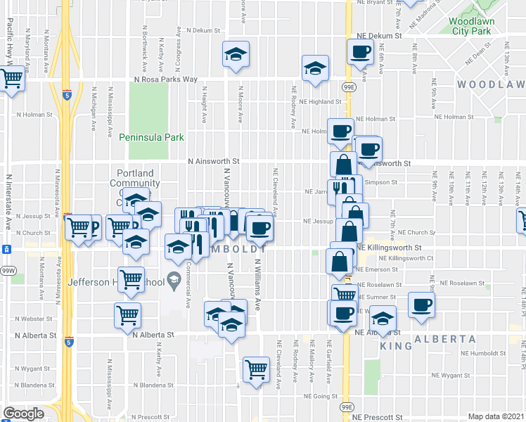 map of restaurants, bars, coffee shops, grocery stores, and more near 5709 North Williams Avenue in Portland