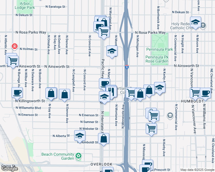 map of restaurants, bars, coffee shops, grocery stores, and more near 5630 North Interstate Avenue in Portland