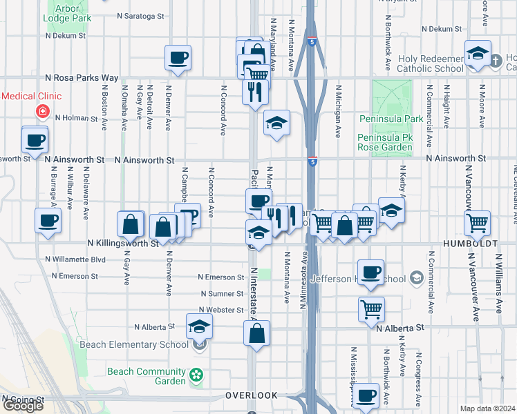 map of restaurants, bars, coffee shops, grocery stores, and more near 5630 North Interstate Avenue in Portland