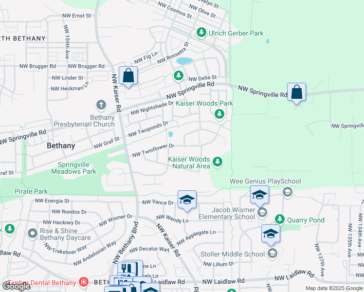 map of restaurants, bars, coffee shops, grocery stores, and more near 14922 NW Twinflower Dr in Portland