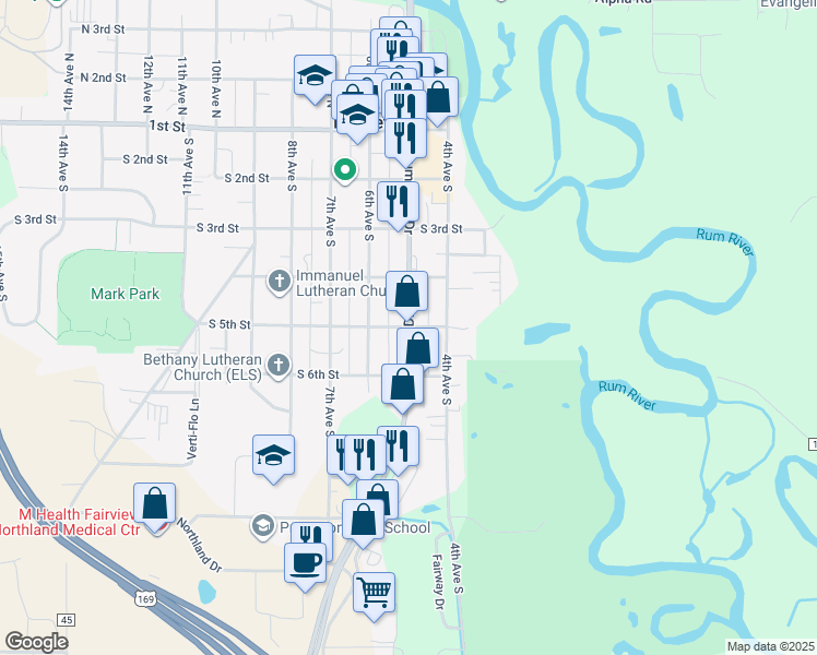 map of restaurants, bars, coffee shops, grocery stores, and more near 501 S Rum River Dr in Princeton