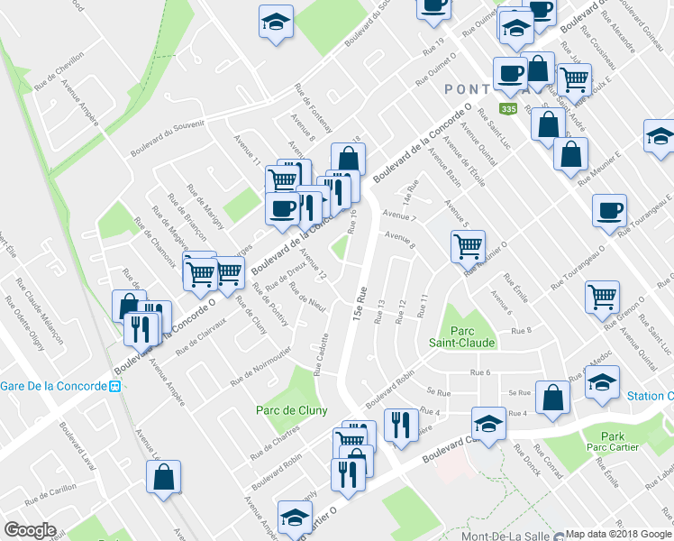 map of restaurants, bars, coffee shops, grocery stores, and more near 101 16e Rue in Laval