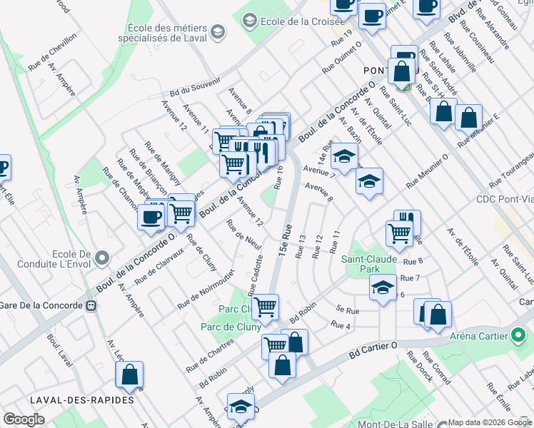 map of restaurants, bars, coffee shops, grocery stores, and more near 101 16e Rue in Laval