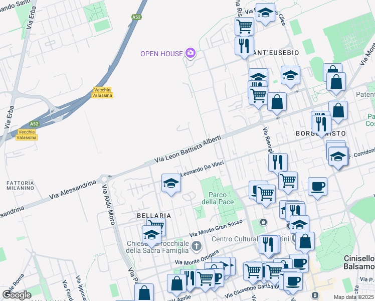 map of restaurants, bars, coffee shops, grocery stores, and more near 22 Via Piero della Francesca in Cinisello Balsamo