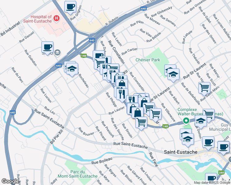 map of restaurants, bars, coffee shops, grocery stores, and more near in Saint-Eustache