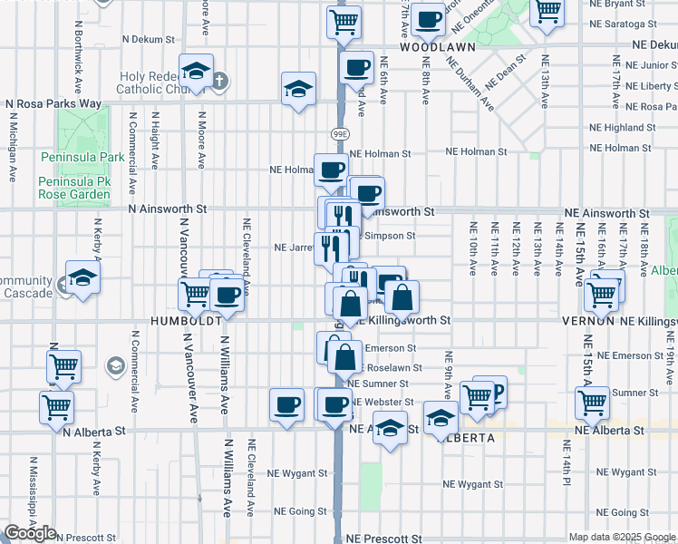 map of restaurants, bars, coffee shops, grocery stores, and more near Northeast Martin Luther King Junior Boulevard in Portland