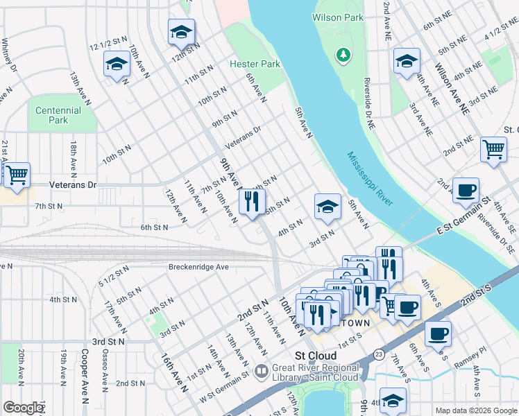 map of restaurants, bars, coffee shops, grocery stores, and more near 510 8th Avenue North in St. Cloud