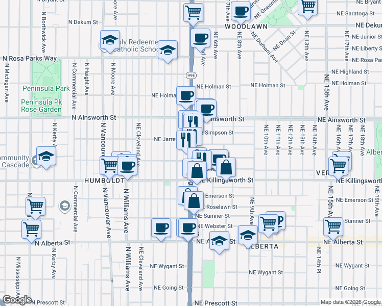 map of restaurants, bars, coffee shops, grocery stores, and more near Northeast Martin Luther King Junior Boulevard in Portland