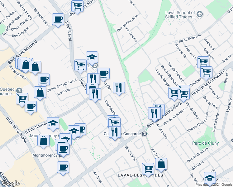 map of restaurants, bars, coffee shops, grocery stores, and more near 627 Rue Robert-Élie in Laval