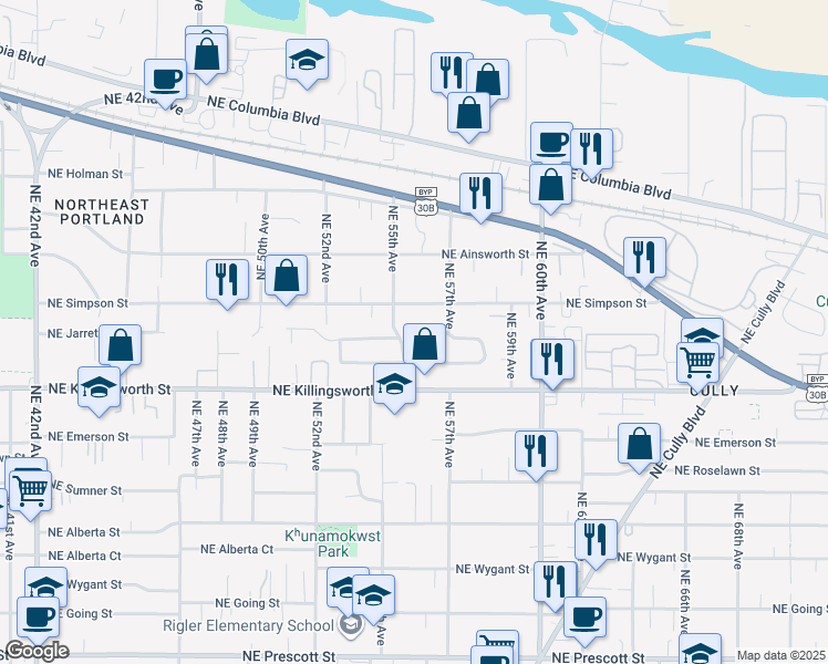 map of restaurants, bars, coffee shops, grocery stores, and more near 5526 Northeast Jessup Street in Portland