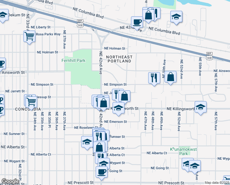 map of restaurants, bars, coffee shops, grocery stores, and more near 4317 Northeast Jarrett Street in Portland