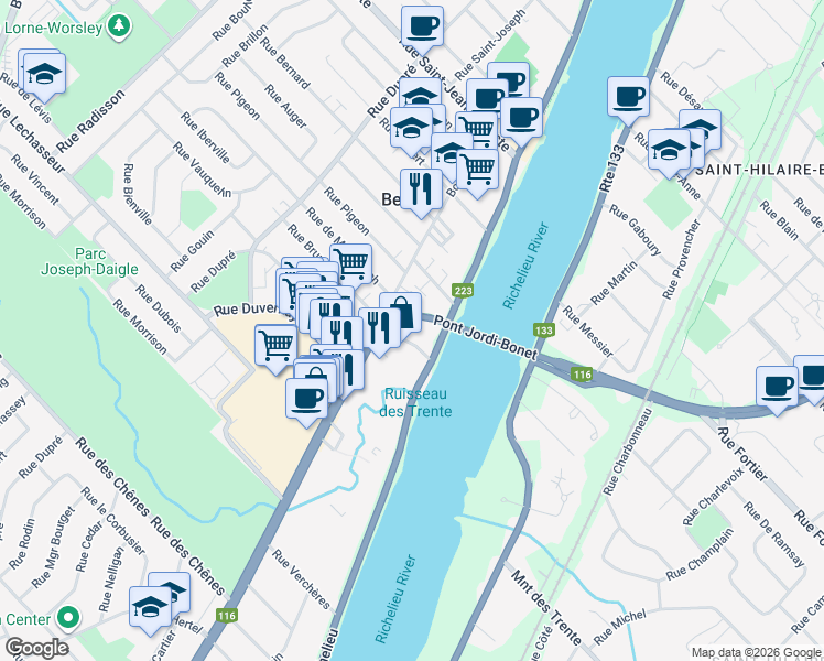 map of restaurants, bars, coffee shops, grocery stores, and more near 67 Rue Brunelle in Beloeil