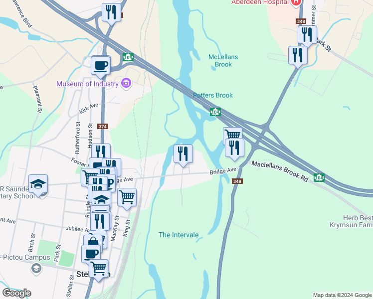 map of restaurants, bars, coffee shops, grocery stores, and more near 41 Twin Rivers Trailer Court Park in Stellarton