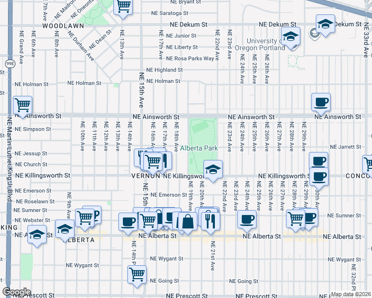 map of restaurants, bars, coffee shops, grocery stores, and more near 5705 Northeast 19th Avenue in Portland