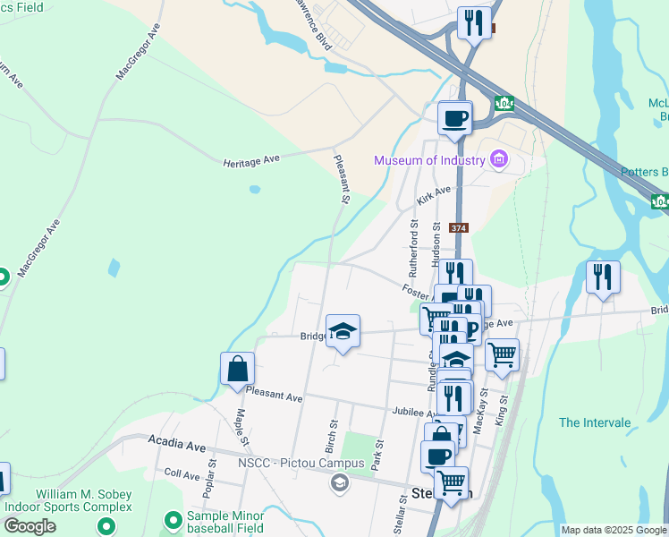map of restaurants, bars, coffee shops, grocery stores, and more near 95 Pleasant Street in Stellarton