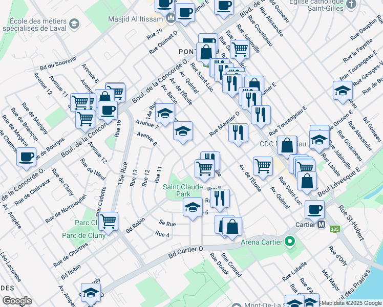 map of restaurants, bars, coffee shops, grocery stores, and more near 54 Rue Meunier Ouest in Laval