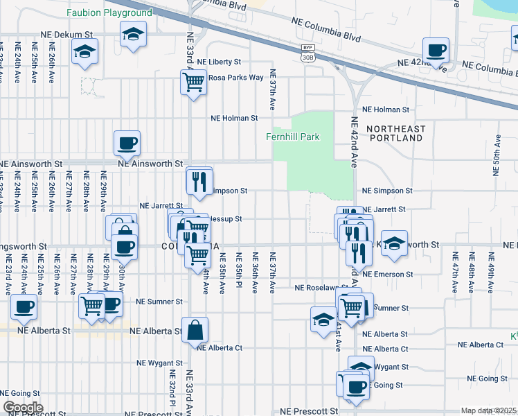 map of restaurants, bars, coffee shops, grocery stores, and more near 5730 Northeast 36th Avenue in Portland