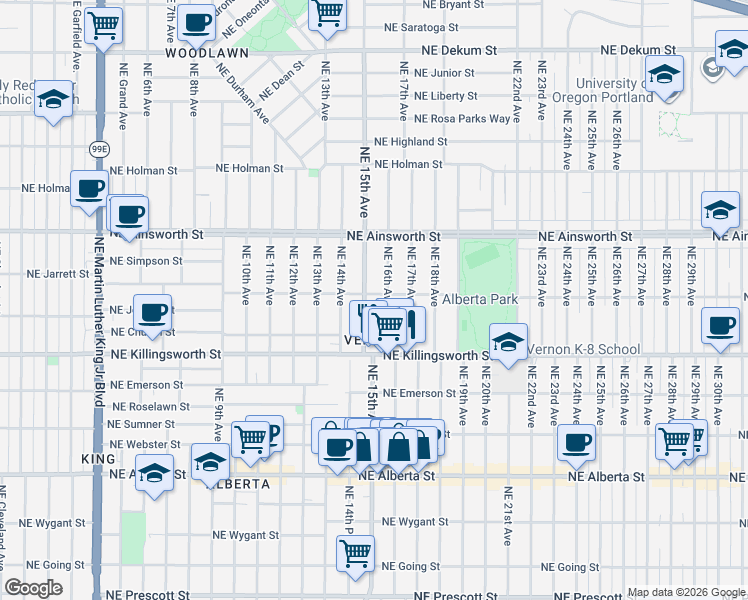 map of restaurants, bars, coffee shops, grocery stores, and more near 1520 Northeast Jarrett Street in Portland