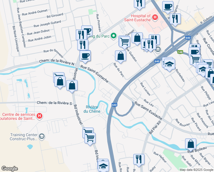 map of restaurants, bars, coffee shops, grocery stores, and more near 500 Rue Saint Eustache in Saint-Eustache