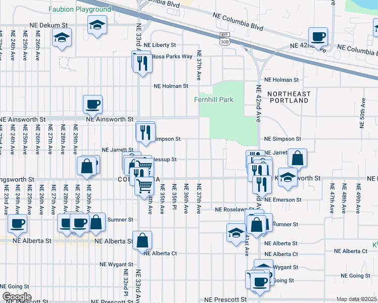 map of restaurants, bars, coffee shops, grocery stores, and more near 5730 Northeast 36th Avenue in Portland