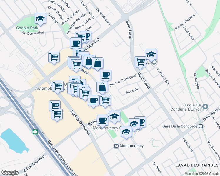 map of restaurants, bars, coffee shops, grocery stores, and more near 1605 Boulevard du Souvenir in Laval