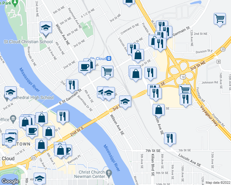 map of restaurants, bars, coffee shops, grocery stores, and more near 517 2nd Street Southeast in St. Cloud