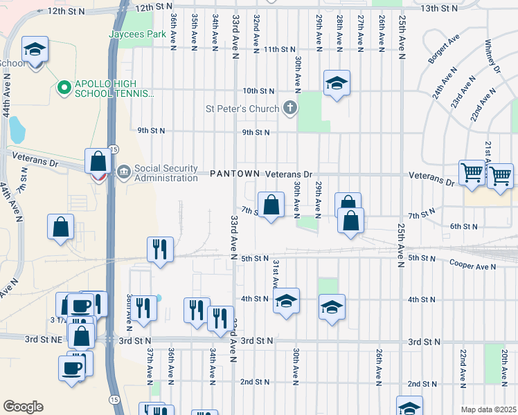 map of restaurants, bars, coffee shops, grocery stores, and more near 3123 7th Street North in St. Cloud