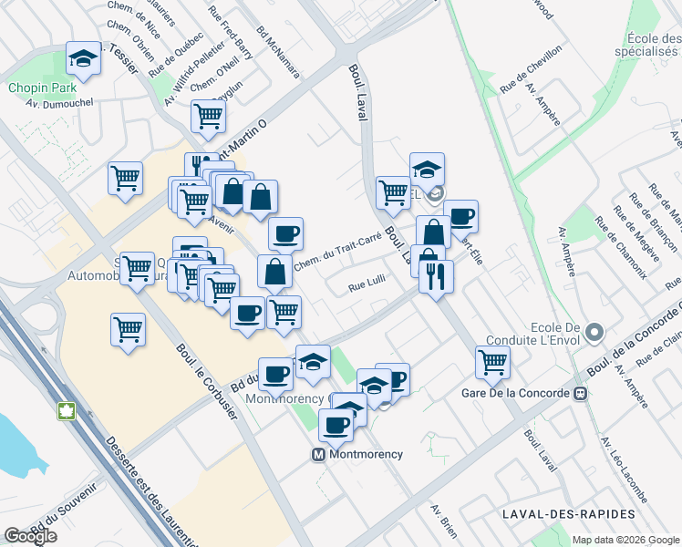 map of restaurants, bars, coffee shops, grocery stores, and more near 349 Rue Lulli in Laval
