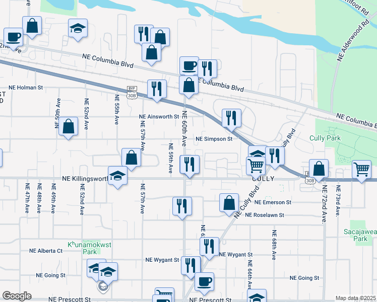 map of restaurants, bars, coffee shops, grocery stores, and more near 5709 Northeast 60th Avenue in Portland