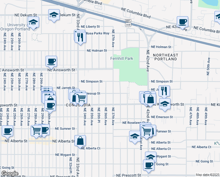 map of restaurants, bars, coffee shops, grocery stores, and more near 5704 Northeast 36th Avenue in Portland