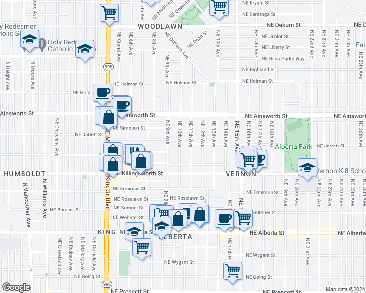 map of restaurants, bars, coffee shops, grocery stores, and more near 5700 Northeast 10th Avenue in Portland