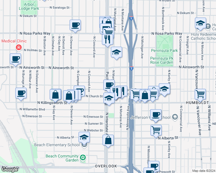 map of restaurants, bars, coffee shops, grocery stores, and more near 5630 North Interstate Avenue in Portland