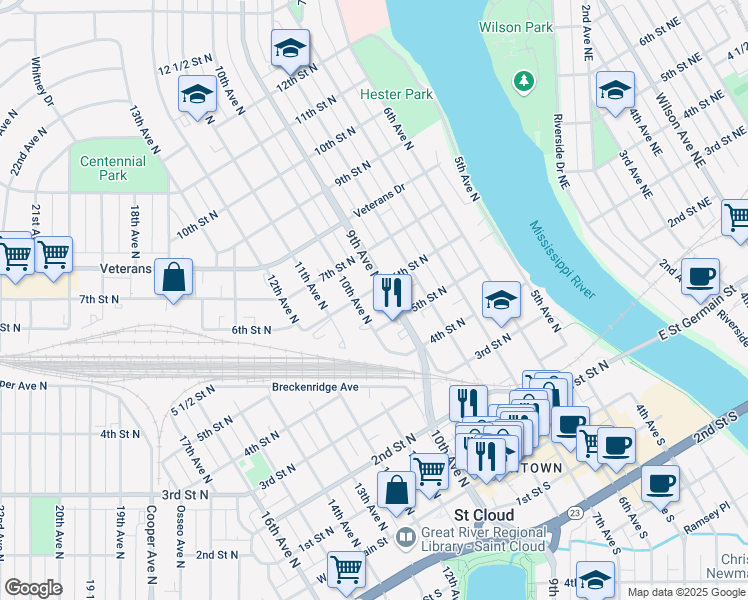 map of restaurants, bars, coffee shops, grocery stores, and more near 523 10th Avenue North in St. Cloud