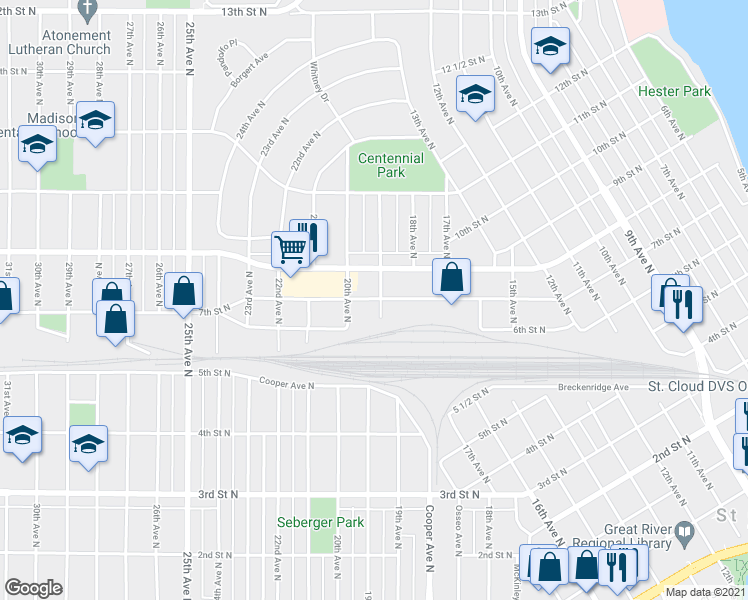 map of restaurants, bars, coffee shops, grocery stores, and more near 1922 7th Street North in St. Cloud
