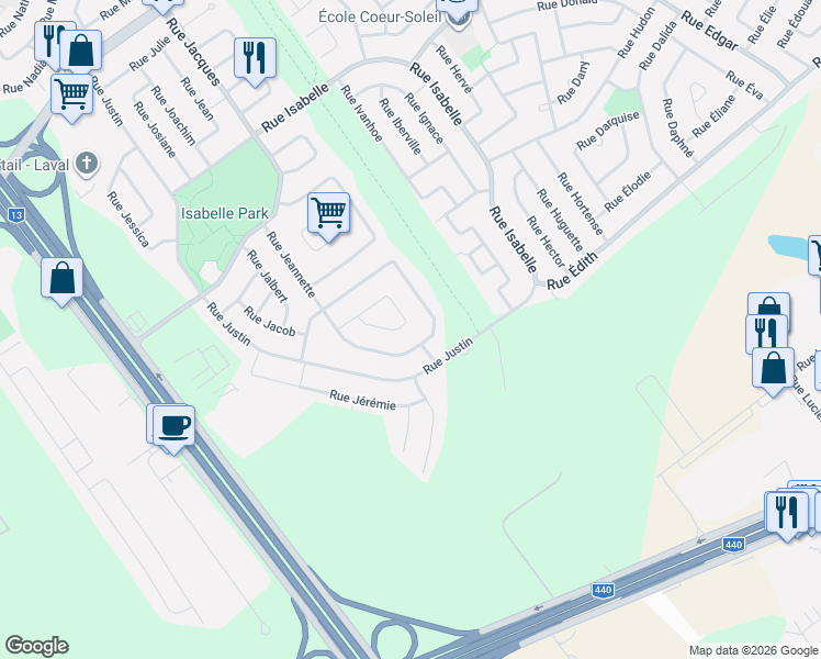 map of restaurants, bars, coffee shops, grocery stores, and more near 3573 Place Joël in Laval
