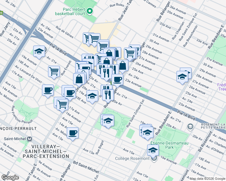 map of restaurants, bars, coffee shops, grocery stores, and more near 6955 21e Avenue in Montréal