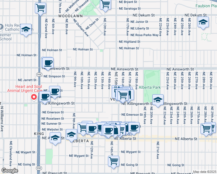 map of restaurants, bars, coffee shops, grocery stores, and more near 5725 Northeast 14th Avenue in Portland