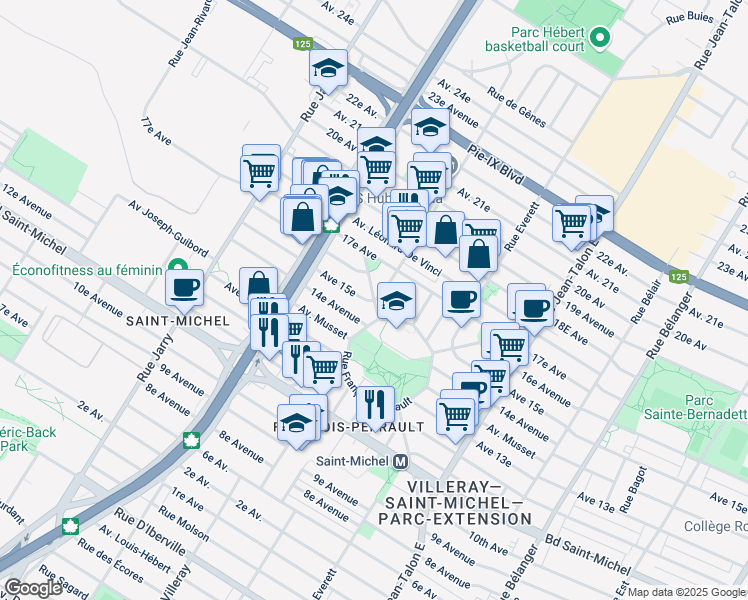 map of restaurants, bars, coffee shops, grocery stores, and more near 15e Avenue in Montréal