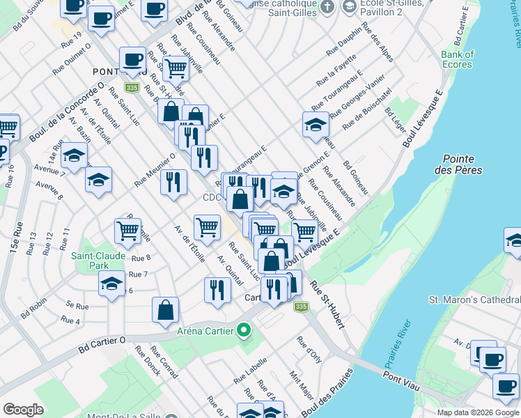 map of restaurants, bars, coffee shops, grocery stores, and more near 175 Rue Saint-Hubert in Laval