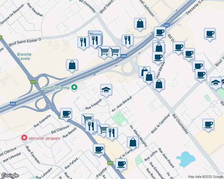 map of restaurants, bars, coffee shops, grocery stores, and more near 3735 Avenue Jean-Béraud in Laval