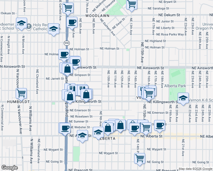map of restaurants, bars, coffee shops, grocery stores, and more near 5731 Northeast 10th Avenue in Portland