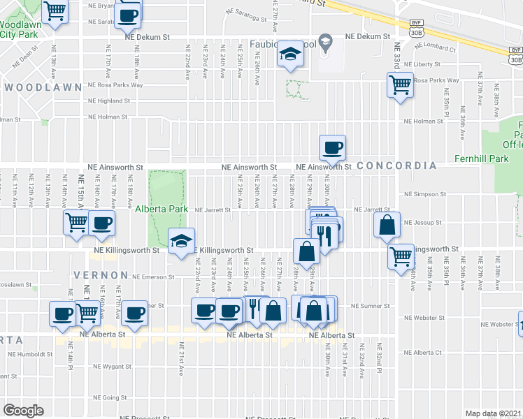 map of restaurants, bars, coffee shops, grocery stores, and more near Northeast Jarrett Street in Portland
