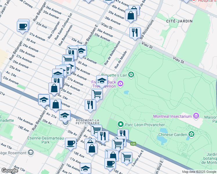 map of restaurants, bars, coffee shops, grocery stores, and more near 4465 Boulevard Rosemont in Montréal