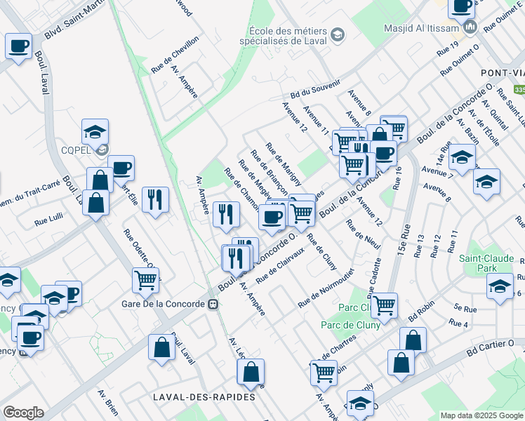 map of restaurants, bars, coffee shops, grocery stores, and more near 535 Rue de Chamonix in Laval