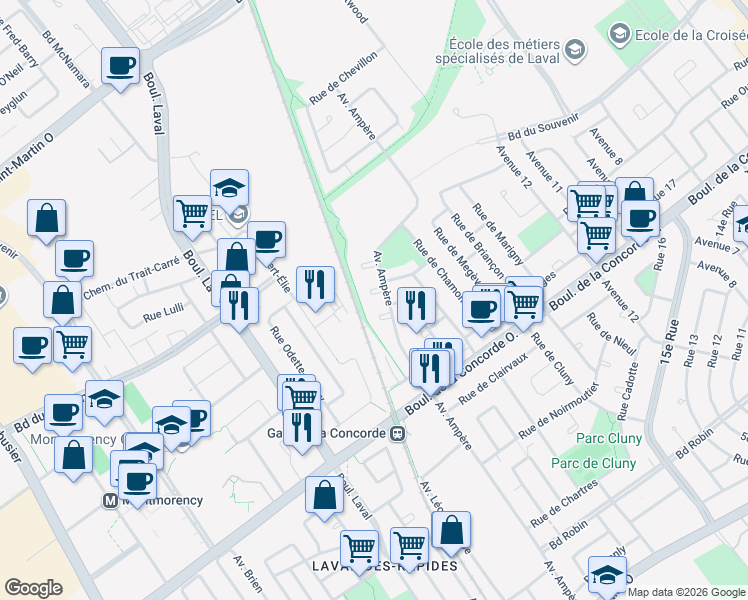 map of restaurants, bars, coffee shops, grocery stores, and more near 648 Avenue Ampère in Laval