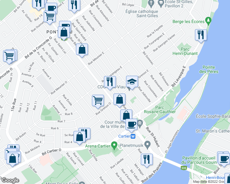 map of restaurants, bars, coffee shops, grocery stores, and more near 199 Rue de Berri in Laval