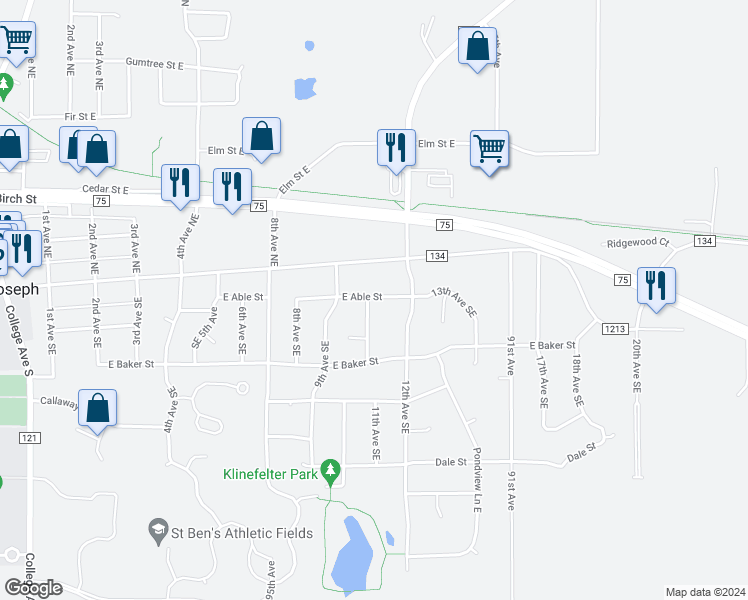 map of restaurants, bars, coffee shops, grocery stores, and more near 104 10th Avenue Southeast in Saint Joseph